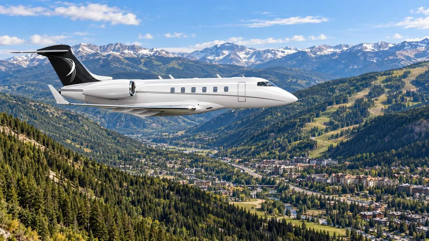 Illustration IBC Aviation : Challenger 3500 devant la région de Vail et Eagle Valley