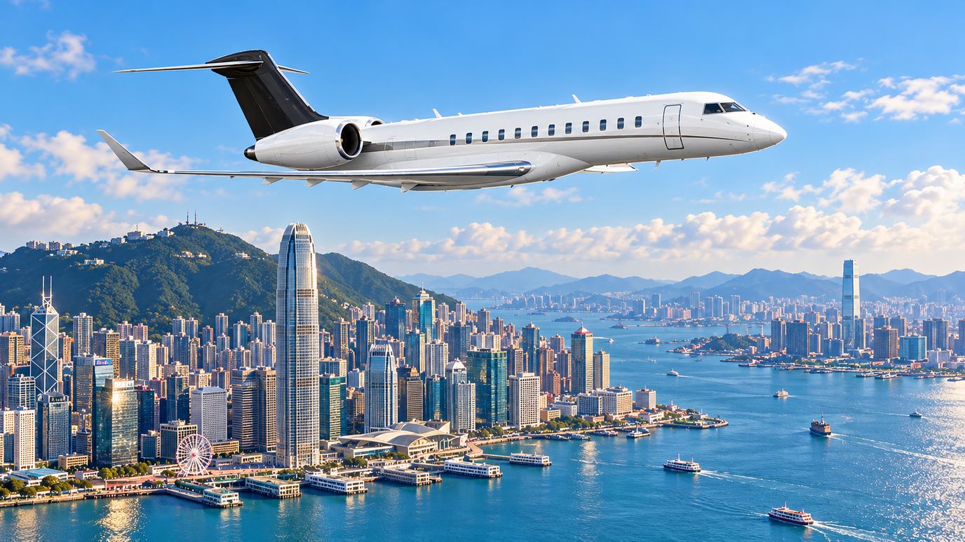 Illustration IBC Aviation : Global 7500, panorama de Hong Kong