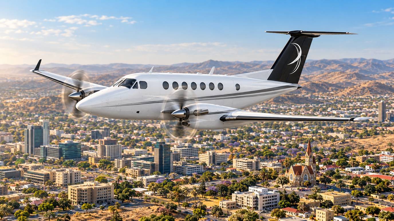 IBC Aviation illustration: King Air 350 with Windhoek in the background