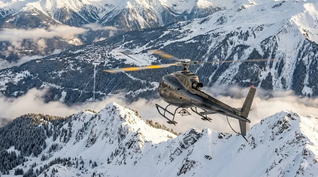 Helicopter flying above the Alps