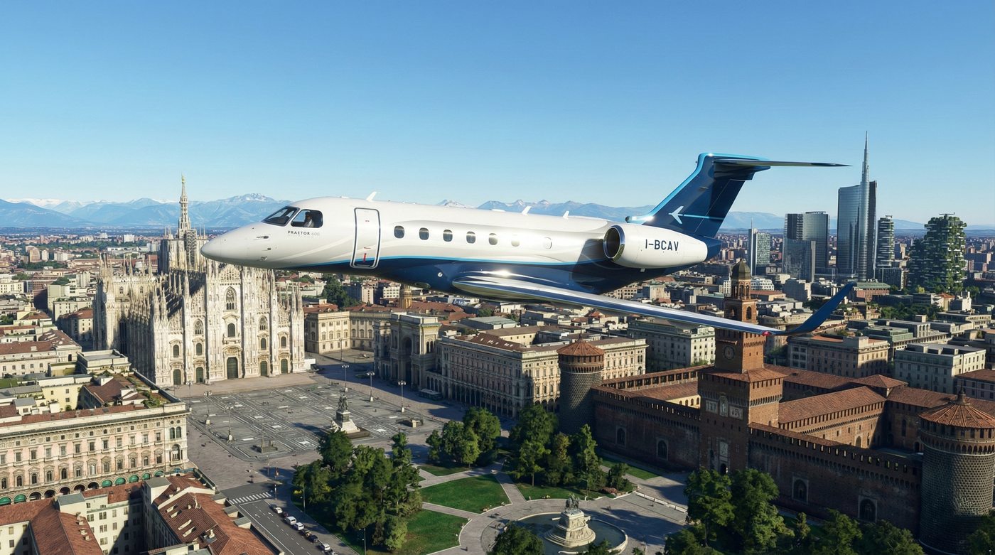 Jet Privé de type Praetor 600 survolant la ville de Milan située en Italie