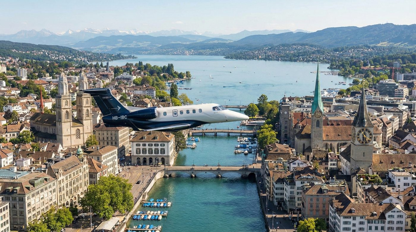 Private Jet Embraer Phenom 300 flying above the beautiful city of Zurich