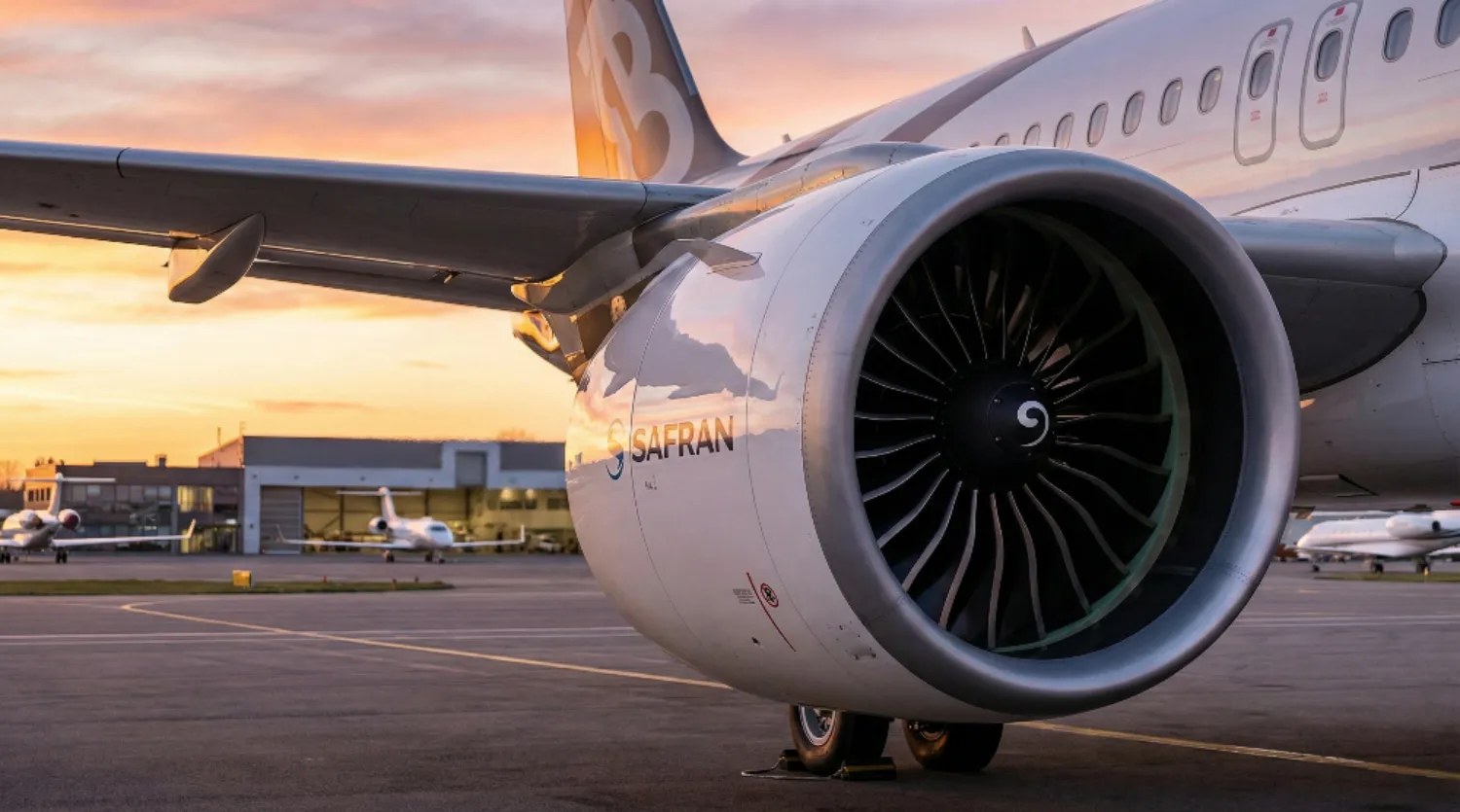 Moteur SafraGros plan sur un moteur Safran CFM LEAP monté sur un jet privé Airbus ACJ sur le tarmac - IBC Aviationan CFM LEAP sur aile de jet privé business - IBC Aviation
